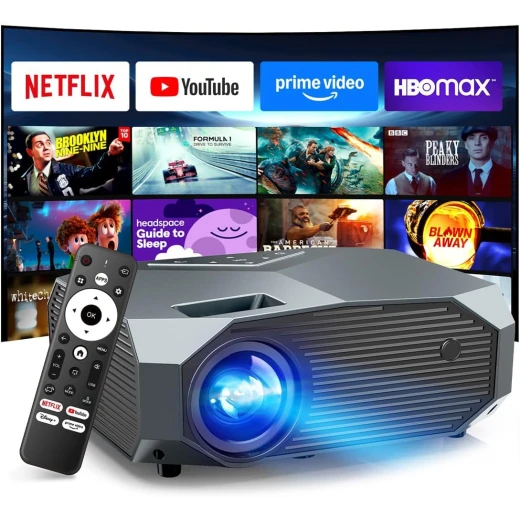 بروجكتور سينما خارجي ذكي بدقة 4K مع واي فاي 6 وبلوتوث 5.3، محمول، متوافق مع نتفليكس، برايم فيديو، يوتيوب، HDMI، USB، iOS، Android بروجكتور سينما خارجي ذكي بدقة 4K مع واي فاي 6 وبلوتوث 5.3، محمول، متوافق مع نتفليكس، برايم فيديو، يوتيوب، HDMI، USB، iOS، Android