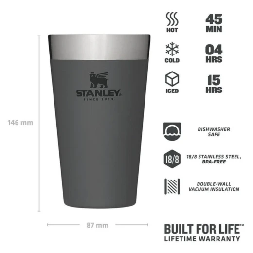 Stanley Adventure Stacking Pint 0.47L Charcoal – Insulated stainless steel cup keeps drinks cold 4h and hot 45m stackable design ideal for camping - Stanley - Image 2