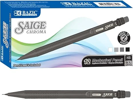 قلم رصاص ميكانيكي BAZIC Saige Chroma بسن 0.7 مم ورصاص HB #2 - عبوة اقتصادية تحتوي على 12 قلم للمدرسة والمكتب
