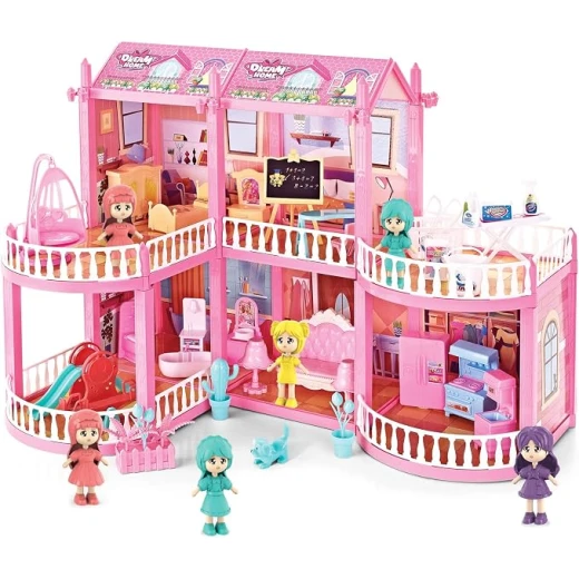 Pink 2-Storey Villa Dollhouse 153 Pcs DIY Building Set with Furniture Slide Swing Character Figures & Accessories Dream House Toy ABL1113 Pink 2-Storey Villa Dollhouse 153 Pcs DIY Building Set with Furniture Slide Swing Character Figures & Accessories Dream House Toy ABL1113