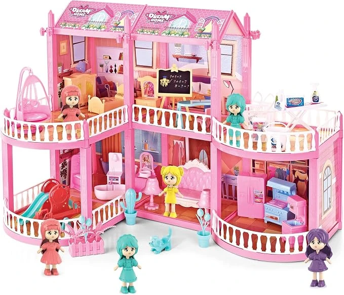 Pink 2-Storey Villa Dollhouse 153 Pcs DIY Building Set with Furniture Slide Swing Character Figures & Accessories Dream House Toy ABL1113