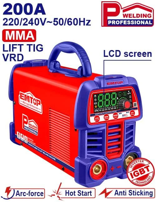ماكينة لحام إنفرتر إيمتوب EWDEM20611 بقوة 200 أمبير تقنية IGBT وMMA/TIG Lift مع شاشة LCD وملحقات اللحام الأساسية - إيمتوب