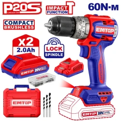 EMTOP ECKL20277 20V 2-Piece Cordless Combo Kit with Brushless Impact Drill ECIDL206681 & Impact Driver ECIRL20281 Power Tools Set
