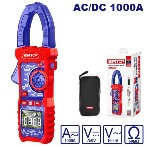 EMTOP EDMR210002 Digital DC/AC Clamp Meter 6000 Counts Tester for Current Voltage Resistance Frequency Data Hold & Flashlight Tool