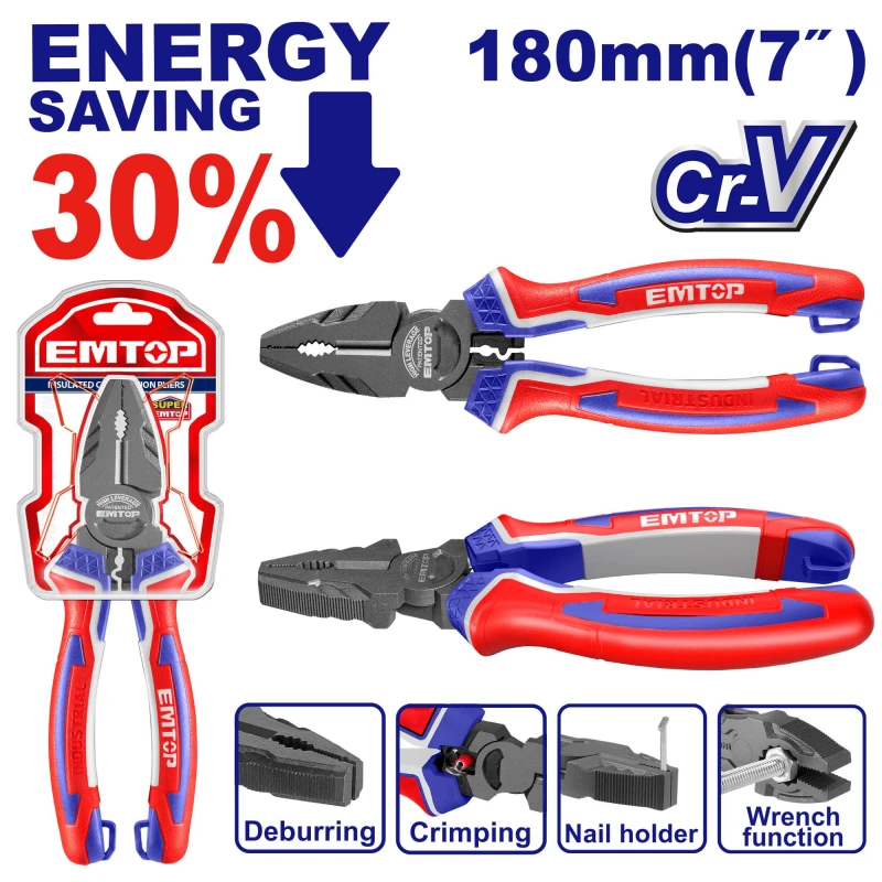 EMTOP EPLRC0721 High Leverage Combination Pliers 7"/180mm Cr-V Teflon Coating Three Color Handle with Crimping Nail Holder Spanner Deburring Functions - Emtop