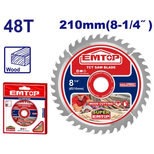قرص قص خشب إيمتوب EMTOP ETCT121022 قطر 210 ملم مع 48 سن وثقب 30 ملم وحلقات تخفيض 16 و254 ملم مثالي لمنشار التقطيع والمناشير الدائرية قرص قص خشب إيمتوب EMTOP ETCT121022 قطر 210 ملم مع 48 سن وثقب 30 ملم وحلقات تخفيض 16 و254 ملم مثالي لمنشار التقطيع والمناشير الدائرية