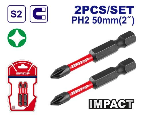 EMTOP PH2 x 50mm Magnetic Impact Screwdriver Bit Set EMTOP PH2 x 50mm Magnetic Impact Screwdriver Bit Set