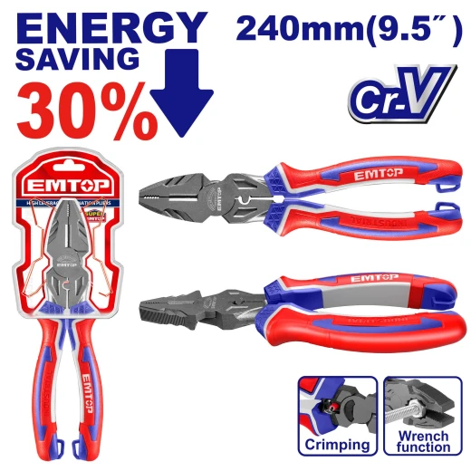 EMTOP 95 Inch 240mm Combination Pliers EPLRC0921 Cr V Steel Teflon Coated 30 Percent Energy Saving Crimping Spanner Deburring 3 Color TPR Handle EMTOP 95 Inch 240mm Combination Pliers EPLRC0921 Cr V Steel Teflon Coated 30 Percent Energy Saving Crimping Spanner Deburring 3 Color TPR Handle