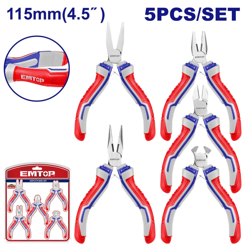 EMTOP 5 Pcs 4.5" Mini Pliers Set Three Color Handle EPLSM0511 - Emtop