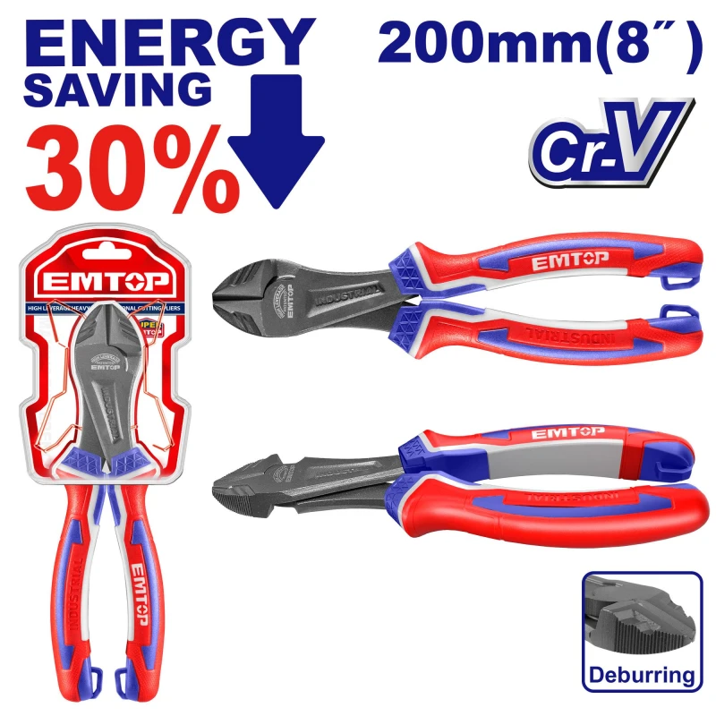 EMTOP 8 Inch 200mm Heavy Duty Side Cutting Pliers EPLRHD0821 Cr V Steel Teflon Coated Ergonomic TPR Handle Effort Saving Wire Cutters Hand Tool Accessory - Emtop