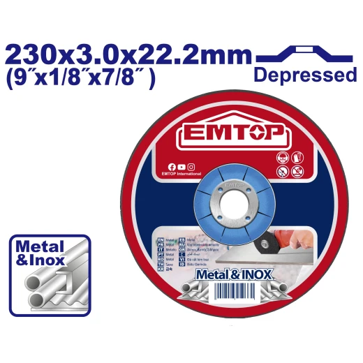 قرص قطع إيمتوب 230×3.0×22.2 مم بمركز غائر للمعادن والفولاذ المقاوم للصدأ EACDH302301 – شفرة قطع متينة للجلاخات وأعمال الورش والتصنيع والصيانة، 25 قطعة في الكرتون