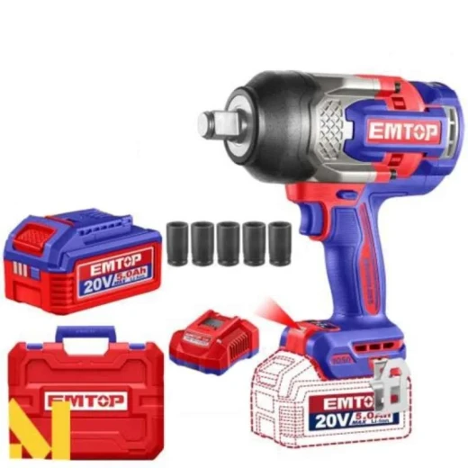EMTOP 20V Cordless Impact Wrench ECIWL20105 3 4 Inch Drive Brushless Motor 1050Nm Fastening 1200Nm Nut Busting Torque 2x 5 0Ah Batteries 5 Sockets EMTOP 20V Cordless Impact Wrench ECIWL20105 3 4 Inch Drive Brushless Motor 1050Nm Fastening 1200Nm Nut Busting Torque 2x 5 0Ah Batteries 5 Sockets