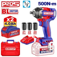 EMTOP 20V Cordless Impact Wrench ECIWL2050 1 2 Inch Drive Brushless Motor 500Nm Fastening 650Nm Nut Busting Torque 2x 4 0Ah Batteries 3 Sockets Case