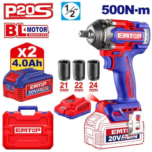 EMTOP 20V Cordless Impact Wrench ECIWL2050 1 2 Inch Drive Brushless Motor 500Nm Fastening 650Nm Nut Busting Torque 2x 4 0Ah Batteries 3 Sockets Case