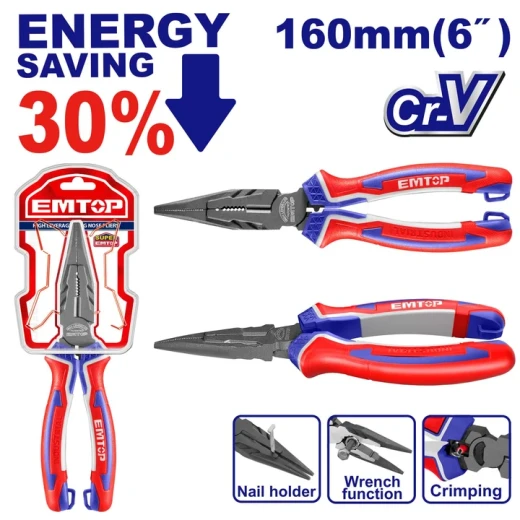 EMTOP 6 Inch 160mm High Leverage Long Nose Pliers EPLRL0621 Cr V Steel Teflon Coated TPR Handle With Crimper Nail Holder And Spanner Functions Tool EMTOP 6 Inch 160mm High Leverage Long Nose Pliers EPLRL0621 Cr V Steel Teflon Coated TPR Handle With Crimper Nail Holder And Spanner Functions Tool