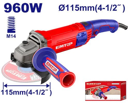 EMTOP EAGR09683 960W Angle Grinder 115mm High Speed Power Tool for Cutting and Grinding with Auxiliary Handle Ideal for DIY and Professionals EMTOP EAGR09683 960W Angle Grinder 115mm High Speed Power Tool for Cutting and Grinding with Auxiliary Handle Ideal for DIY and Professionals