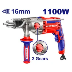 EMTOP EMDL21101 1100W Impact Drill 16mm Chuck with Variable Speed and 2 Mechanical Gearbox Heavy Duty Power Tool for Drilling and Hammering