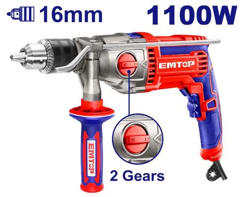 EMTOP EMDL21101 1100W Impact Drill 16mm Chuck with Variable Speed and 2 Mechanical Gearbox Heavy Duty Power Tool for Drilling and Hammering EMTOP EMDL21101 1100W Impact Drill 16mm Chuck with Variable Speed and 2 Mechanical Gearbox Heavy Duty Power Tool for Drilling and Hammering