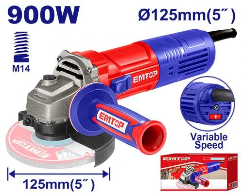 EMTOP EAGRS09051 900W Angle Grinder 125mm Variable Speed Power Tool 5000 to 12000rpm for Cutting Grinding Polishing with Auxiliary Handle EMTOP EAGRS09051 900W Angle Grinder 125mm Variable Speed Power Tool 5000 to 12000rpm for Cutting Grinding Polishing with Auxiliary Handle