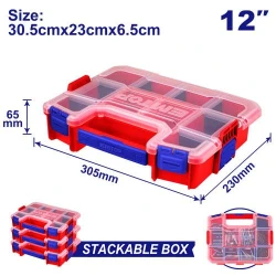 EMTOP EPBX1211 Plastic Organizer Box 305mm x 230mm x 65mm Durable PP Construction with Removable Dividers and Stackable Design for Hardware and Small Items