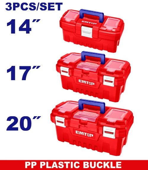 EMTOP 3 Piece Plastic Tool Box Set 14 Inch 17 Inch and 20 Inch Durable PP Plastic Construction High Strength Handle Top Lid Storage Tray and Scale Function for DIYers and Professionals - Emtop