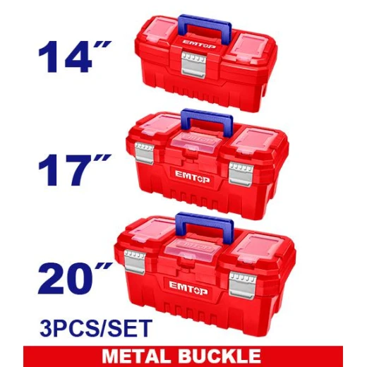 EMTOP EPBXK0302 3 Piece Plastic Tool Box Set 14 Inch 17 Inch and 20 Inch Durable Polypropylene Construction with Secure Metal Latches Comfortable Handles and Top Lid Compartments EMTOP EPBXK0302 3 Piece Plastic Tool Box Set 14 Inch 17 Inch and 20 Inch Durable Polypropylene Construction with Secure Metal Latches Comfortable Handles and Top Lid Compartments