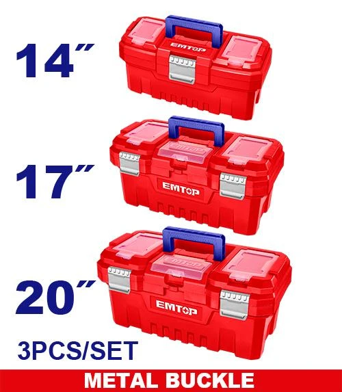 EMTOP EPBXK0302 3 Piece Plastic Tool Box Set 14 Inch 17 Inch and 20 Inch Durable Polypropylene Construction with Secure Metal Latches Comfortable Handles and Top Lid Compartments - Emtop
