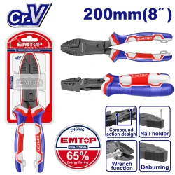 EMTOP EPLRCC0851 8"/200mm Compound Action Combination Pliers with Nail Holder, Spanner, and Deburring Functions, Cr-V, Teflon Coated, TPR Handle