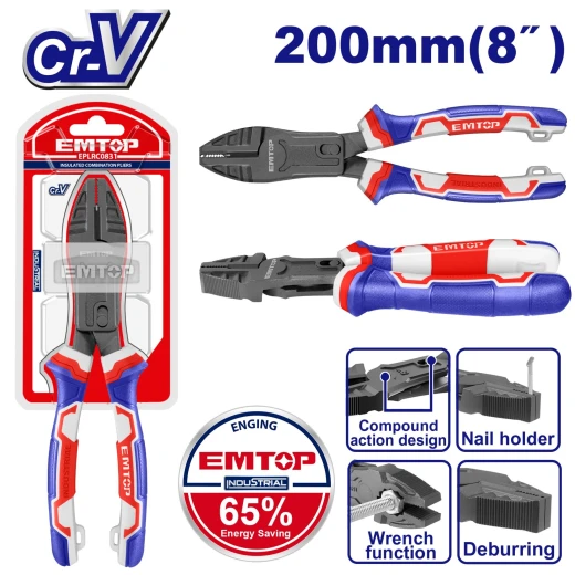 EMTOP EPLRCC0851 8"/200mm Compound Action Combination Pliers with Nail Holder, Spanner, and Deburring Functions, Cr-V, Teflon Coated, TPR Handle EMTOP EPLRCC0851 8"/200mm Compound Action Combination Pliers with Nail Holder, Spanner, and Deburring Functions, Cr-V, Teflon Coated, TPR Handle