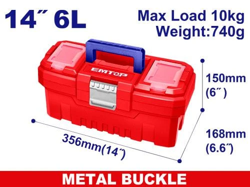 EMTOP EPBX1402 14 Inch Plastic Tool Box Durable PP Construction with Heavy Duty Metal Buckle Lock Integrated Organizer Tray Top Lid Compartments and High Strength Handle - Emtop