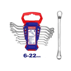 EMTOP EFRS10801 8 Piece Offset Ring Spanner Set 6-22mm Fine Polished Finish with Convenient Plastic Hanger Storage Ideal for Professional Mechanics and DIY Use