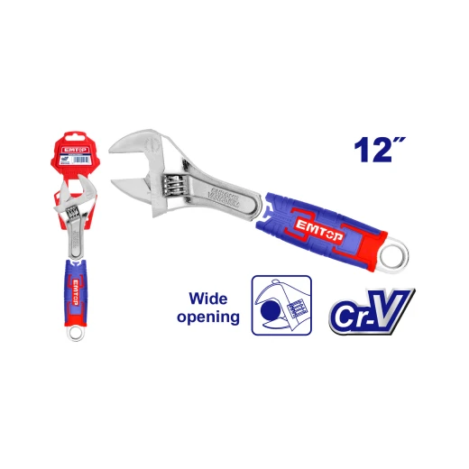 EMTOP 300mm(12") CrV Adjustable Wrench with 0-41mm Clamp Size and Three Tone Soft Handle