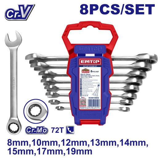 إمتوب طقم مفاتيح ربط بسقاطة 8 قطع Cr-Mo 8-19 مم ECSS10802