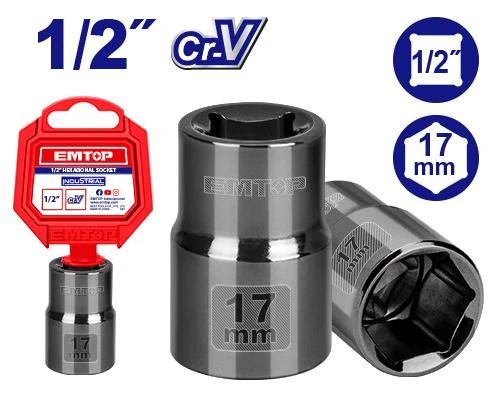 EMTOP ESCT12171 17mm 1/2 Inch Drive Hexagonal Socket Premium Chrome Vanadium Steel Construction Corrosion Resistant Black Nickel Plated Finish Ideal for Mechanics and DIY Enthusiasts EMTOP ESCT12171 17mm 1/2 Inch Drive Hexagonal Socket Premium Chrome Vanadium Steel Construction Corrosion Resistant Black Nickel Plated Finish Ideal for Mechanics and DIY Enthusiasts