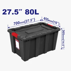 EMTOP EMTB3380 80 Liter 27.5 Inch Black Plastic Storage Box Heavy Duty Polypropylene Construction with Lockable Red Handles Ideal for Tools Equipment and Industrial Storage