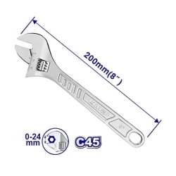 EMTOP EAWH130822 8-Inch 200mm Adjustable Wrench Heavy Duty 45 Carbon Steel Construction with 0-24mm Jaw Opening Ideal for DIY Projects and Professional Repair Work