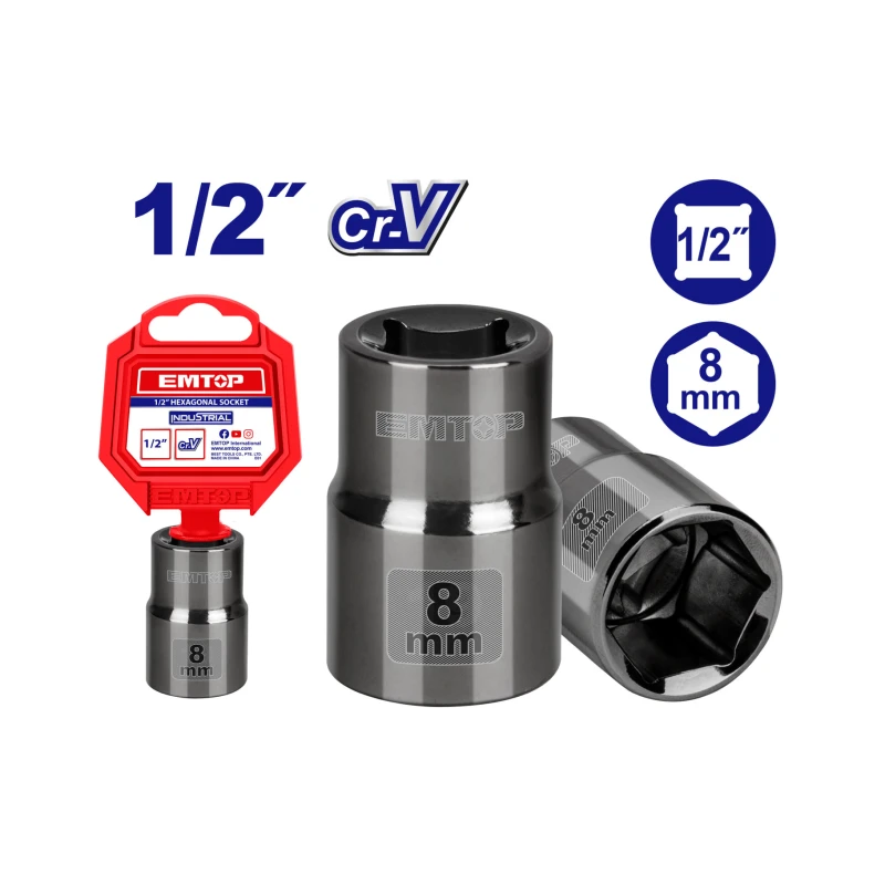EMTOP ESCT12081 8mm 1/2 Inch Drive Hexagonal Socket Heat Treated 50BV30 Alloy Steel Construction Corrosion Resistant Black Nickel Plated Finish Ideal for Automotive and Industrial Mechanics - Emtop