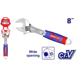 EMTOP 8 Inch 200mm CrV Adjustable Wrench Heavy Duty Chrome Vanadium Steel Construction with 30mm Wide Jaw Opening and Comfortable Three Tone Soft Grip Handle Ideal for Plumbing and Maintenance