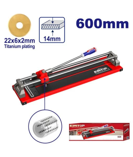 EMTOP ETCR6004 600mm Tile Cutter with 14mm Max Cutting Thickness and 22x6x2mm Blade - Emtop