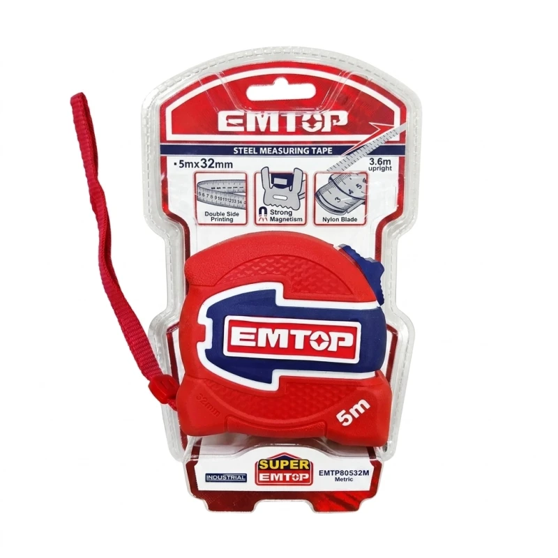 EMTOP EMTP80532M 5m x 32mm Measuring Tape with Double Magnet Hook and Nylon Blade - Emtop