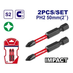 EMTOP Impact Screwdriver Bits PH2 50mm 2pcs/set S2 Industrial Steel Black Surface with Magnet ESBTM5PH250