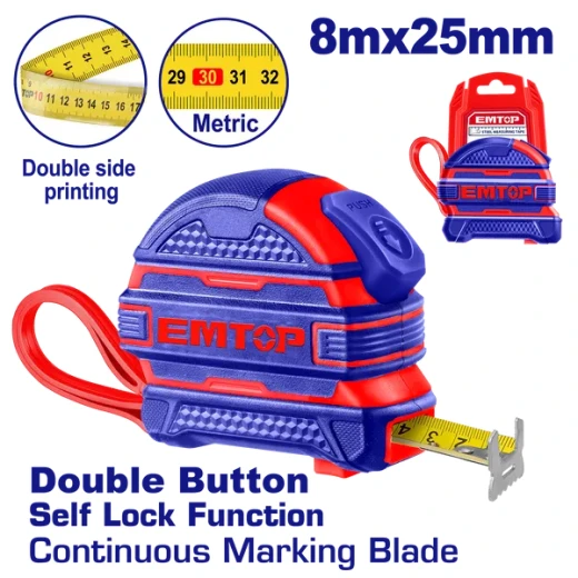 EMTOP 8m x 25mm Durable Rubber Measuring Tape with Manual Lock & Tear Resistance for Construction & Carpentry (EMTP2825M) EMTOP 8m x 25mm Durable Rubber Measuring Tape with Manual Lock & Tear Resistance for Construction & Carpentry (EMTP2825M)