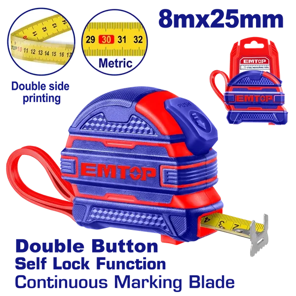 EMTOP 8m x 25mm Durable Rubber Measuring Tape with Manual Lock & Tear Resistance for Construction & Carpentry (EMTP2825M) - Emtop