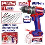 EMTOP ECIDL209681 20V Brushless Cordless Impact Drill with 13mm Metal Chuck, 96Nm Max Torque, 22+1+1 Settings, LED Light & 9 Drill Bits – Ideal for Drilling, Assembly, Repair, Maintenance & Workshop Applications - Emtop