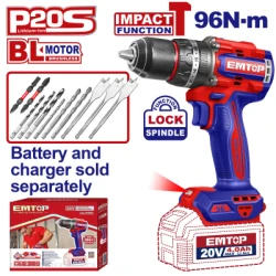 EMTOP ECIDL209681 20V Brushless Cordless Impact Drill with 13mm Metal Chuck, 96Nm Max Torque, 22+1+1 Settings, LED Light & 9 Drill Bits – Ideal for Drilling, Assembly, Repair, Maintenance & Workshop Applications
