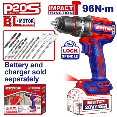 EMTOP ECIDL209681 20V Brushless Cordless Impact Drill with 13mm Metal Chuck, 96Nm Max Torque, 22+1+1 Settings, LED Light & 9 Drill Bits – Ideal for Drilling, Assembly, Repair, Maintenance & Workshop Applications EMTOP ECIDL209681 20V Brushless Cordless Impact Drill with 13mm Metal Chuck, 96Nm Max Torque, 22+1+1 Settings, LED Light & 9 Drill Bits – Ideal for Drilling, Assembly, Repair, Maintenance & Workshop Applications