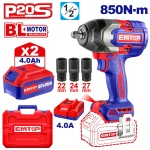 EMTOP ECIWL2085 20V Cordless Impact Wrench 1/2" Square Drive 850Nm Fastening Torque 1000Nm Nut-Busting Torque Brushless Motor with 3 Pcs 4.0Ah Battery Pack and 3 Pcs Deep Sockets - Emtop