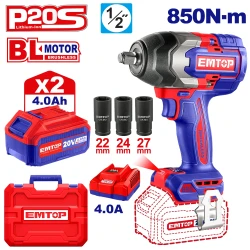 EMTOP ECIWL2085 20V Cordless Impact Wrench 1/2" Square Drive 850Nm Fastening Torque 1000Nm Nut-Busting Torque Brushless Motor with 3 Pcs 4.0Ah Battery Pack and 3 Pcs Deep Sockets