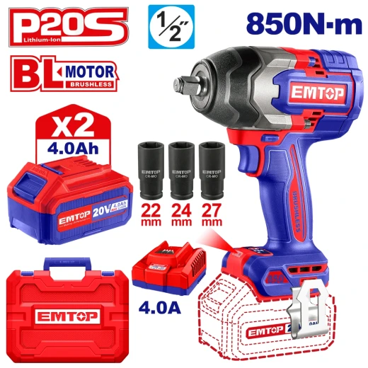 EMTOP ECIWL2085 20V Cordless Impact Wrench 1/2" Square Drive 850Nm Fastening Torque 1000Nm Nut-Busting Torque Brushless Motor with 3 Pcs 4.0Ah Battery Pack and 3 Pcs Deep Sockets EMTOP ECIWL2085 20V Cordless Impact Wrench 1/2" Square Drive 850Nm Fastening Torque 1000Nm Nut-Busting Torque Brushless Motor with 3 Pcs 4.0Ah Battery Pack and 3 Pcs Deep Sockets