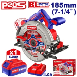 EMTOP 20V Cordless Brushless Circular Saw 185mm with 5.0Ah Battery – Powerful Durable Cutting Tool for Wood and Panels, Ideal for Carpentry, Assembly, Workshop, Maintenance & Professional Applications